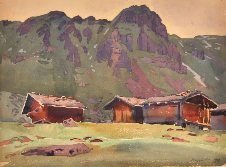 Willy F. Burger: Alphütten auf Meggisalp, Hasliberg, 1919, 26/35, Aquarell